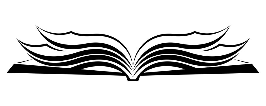 Black and white clipart illustration of an open book
