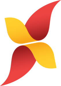 Abstract red and yellow swirl wings logo symbolizing the Friends of the Fulton Public Library.