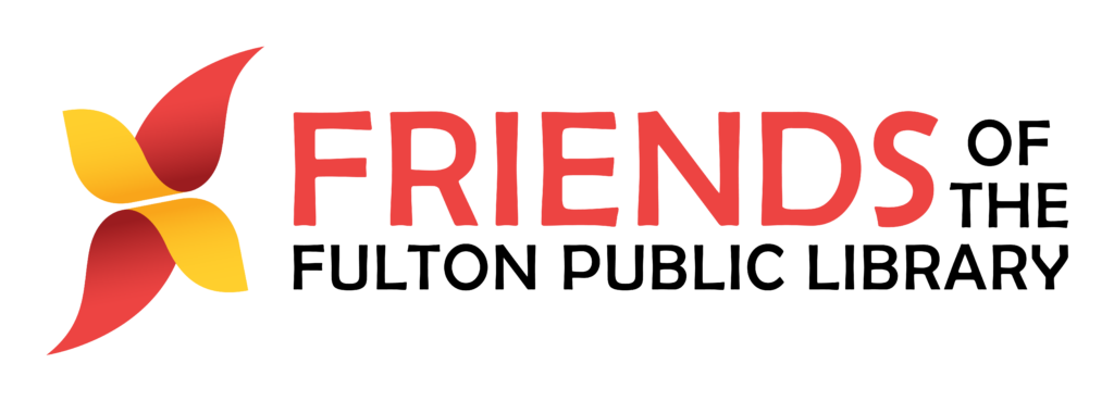 Logo for the Friends of the Fulton Public Library featuring red and yellow abstract swirl wings surrounding the organization's name.